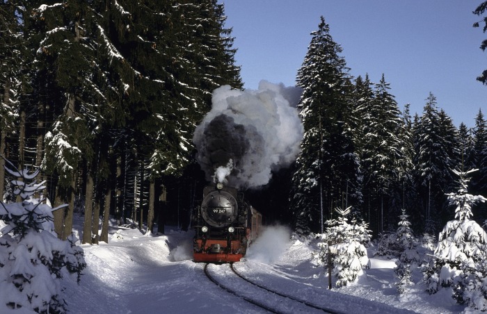 99&nbsp;247 mit Zug&nbsp;8907 im Wald hinter Sorge, am 31.01.1993