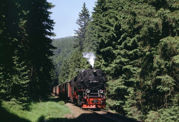 99&nbsp;7233 mit Nordhäuser Zug&nbsp;8920 am Eckerloch, am 02.07.1994