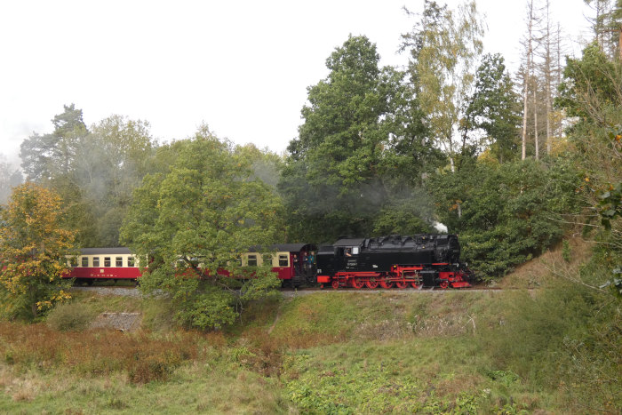 99&nbsp;7240 mit Zug 8982 hinter dem Bü der B242 am Lange Tal Bach unterhalb von Harzgerode, um 13:44h am 06.10.2023