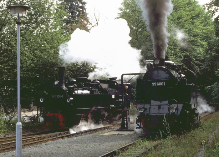 99&nbsp;5906 aus Zug&nbsp;8953 setzt um und fährt dabei an 99&nbsp;6001 (aus Zug&nbsp;8961), die gerade Wasser erhält, Bahnhof Alexisbad, um 9:25h am 16.07.1999