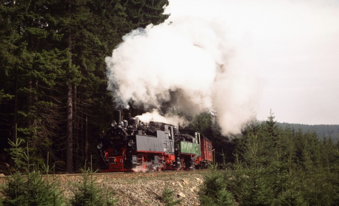 99&nbsp;5901 + Nr.13 mit Zug zum Brocken vor Schierke, am 15.04.2000