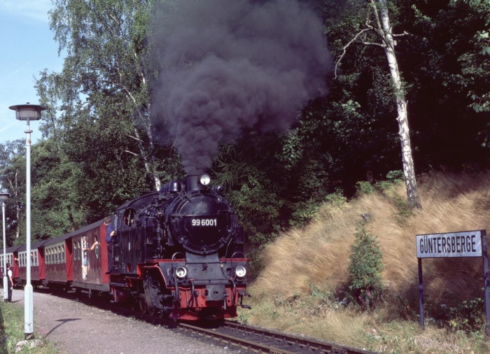 99&nbsp;6001 mit Zug&nbsp;8967 Abfahrt in Güntersberge, am 06.08.1999