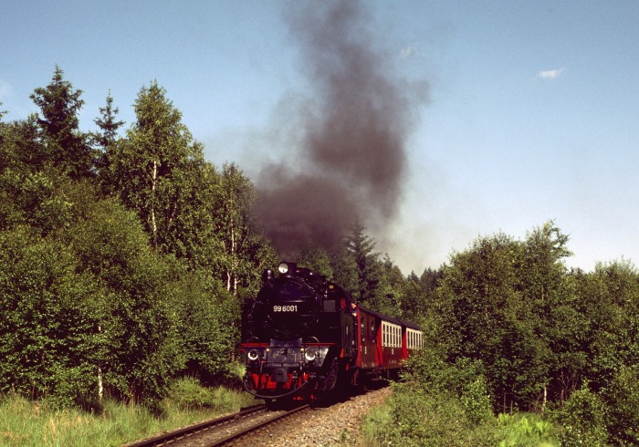 99&nbsp;6001 mit Zug&nbsp;8955 vor Sternhaus-Haferfeld, am 02.06.2000