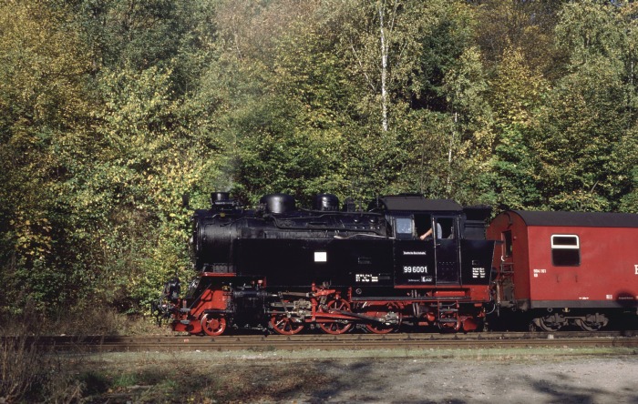 99&nbsp;6001 mit Zug&nbsp;8965 in Mägdesprung, am 19.10.2001
