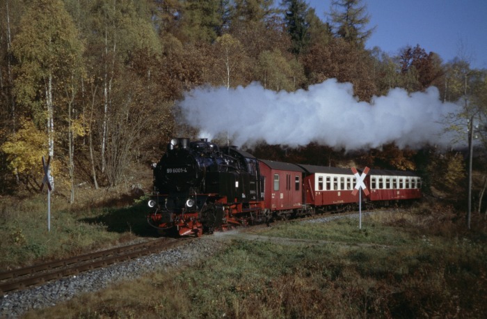 99&nbsp;6001 mit Zug&nbsp;8961 vor Straßberg, am 30.10.2005