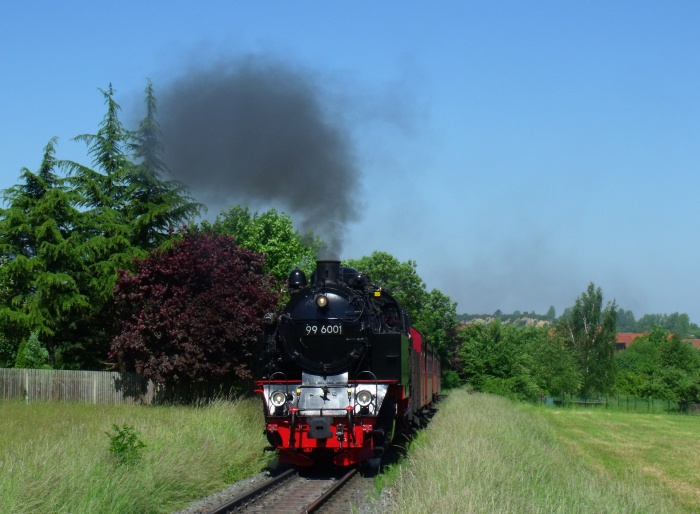 99&nbsp;6001 mit Zug&nbsp;8963 hinter Gernrode an dem Neubau- Siedlungsgebiet, um 10:57h am 05.06.2015