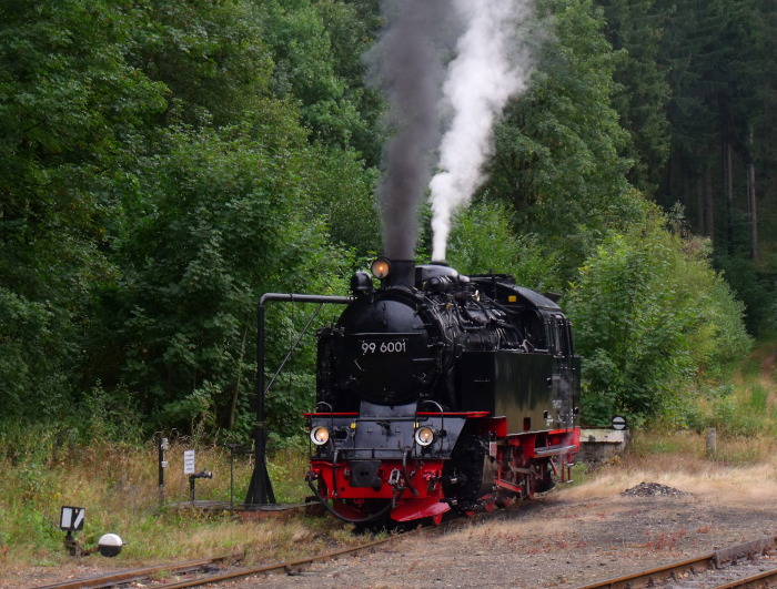 99&nbsp;6001 am Wasserkran auf dem südlichen Stumpfgleis in Eisfelder Talmühle, um 16:50h am 08.09.2019