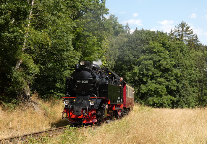 99&nbsp;6001 mit Zug&nbsp;8963 (&rarr;Alexisbad) in geradezu einer Schnellzug-Fahrweise zwischen Sternhaus-Haferfeld und Ramberg, um 11:14h am 25.07.2021