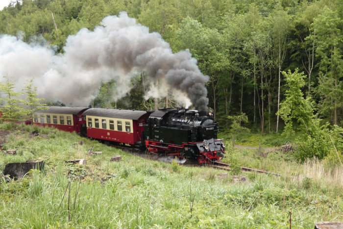 99&nbsp;6001 mit 9866 (&rarr;Hasselefelde) an einem frisch abgeholzten Waldfeld im Wellbach-Tal zwischen Heiligen-Teich und Hp&nbsp;Haferfeld, um 14:26h am 29.05.2022