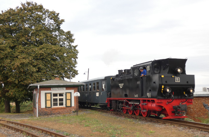 Lok&nbsp;11&nbsp;Tv rollt mit dem Infozug Richtung Hettstedt in der Station Bocksthal ein, um 10:08h am 07.10.2023