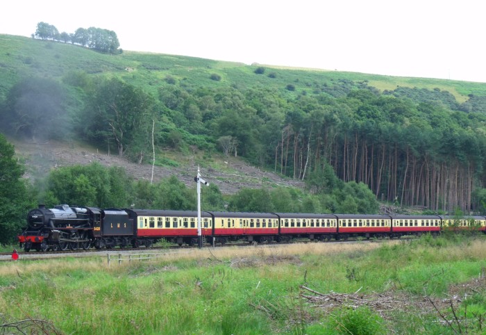 5248 nun aber vorwärts mit Zug von Pickering nach Whitby, nördlich der Ausfahrt von Levisham das Newton&nbsp;Dale hinauf, um 14:26h am 04.08.2019