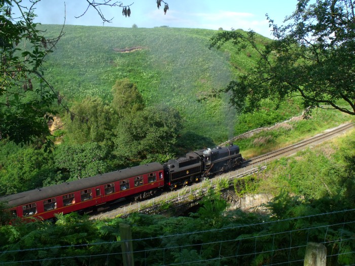76079 mit dem letzten Dampfzug des Tages nach Pickering, im Tal des Eller&nbsp;Becks bei Water&nbsp;Ark, um 17:28h am 07.08.2019