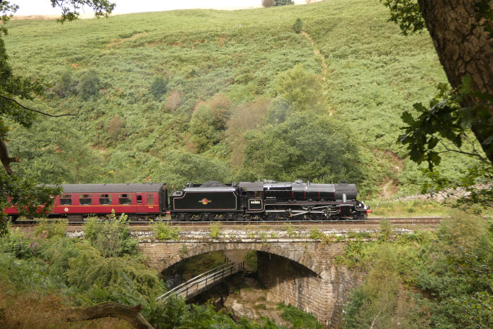 44806 mit Zug Whitby&rarr;Pickering bei Thomason Foss / Water Ark, um 13:39h am 28.08.2024