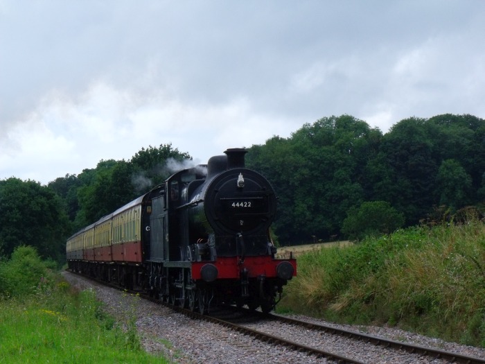 44422 mit dem Zug Mi&zwj;n&zwj;ehead-&rarr;Bishops&nbsp;Lydeard, zwischen Stogumber und Crowcombe am Bahnübergang Leigh Wood Crossing, um 11:16h am 05.08.2016